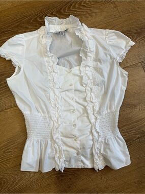 Women's White Ruffled Button-Front Blouse - L
